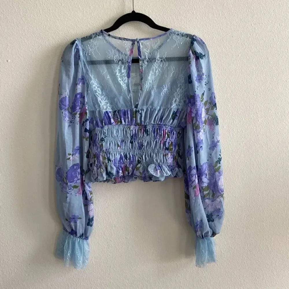Free People Daphne Blouse in Silver Blue Combo NWT Sz S